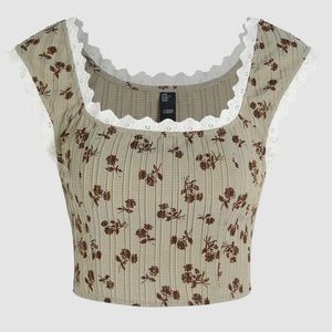 Cider Floral Lace Trim Crop Top - Brown and Cream
